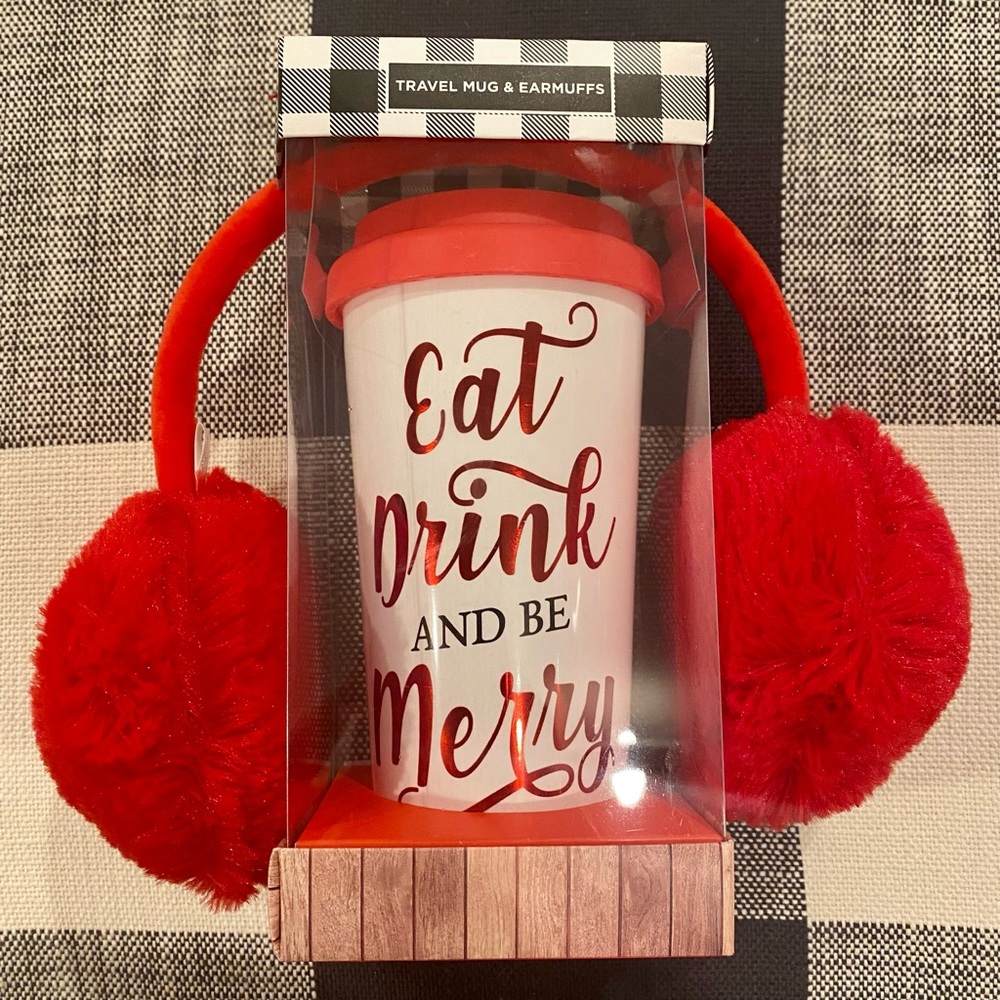Christmas travel mug and red earmuffs